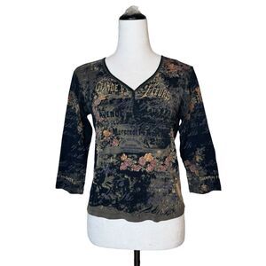 Vintage Jamee J Fairy Grunge Henley Top L Bling Witchy Whimsigoth Dark Floral